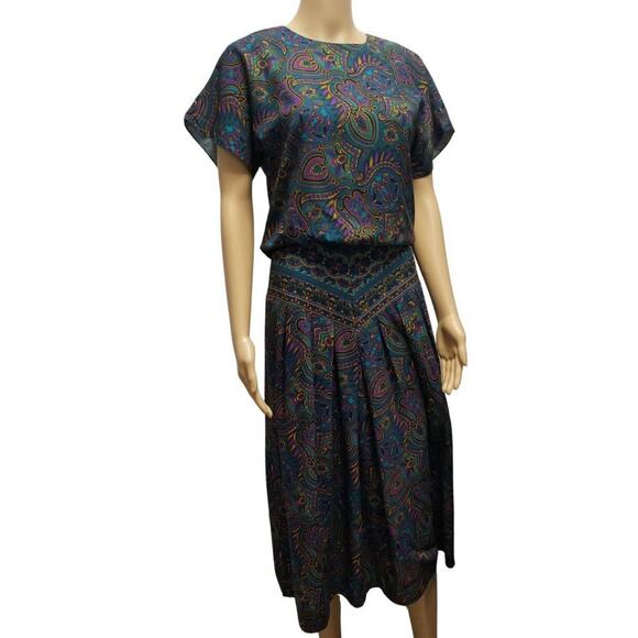 VINTAGE MIDI PAISLEY FLORAL Short Sleeve Fitted Waist Summer Dress Size 6 - Picture 1 of 6